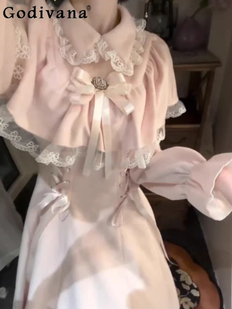 

Japanese Original Lolita Gentle Sweet Cute Girl Dress Elegant Lady Bow Waist Versatile Cape Doll Feel Long Dress