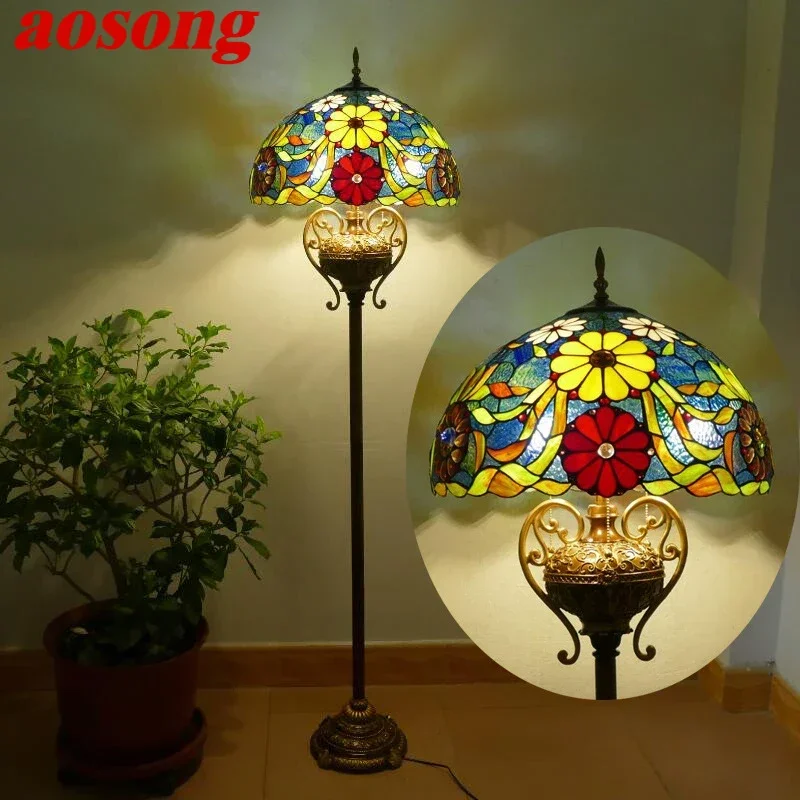 AOSONG Tiffany Floor Lamp American Retro Living Room Bedroom Lamp Country  Stained Glass Floor Lamp