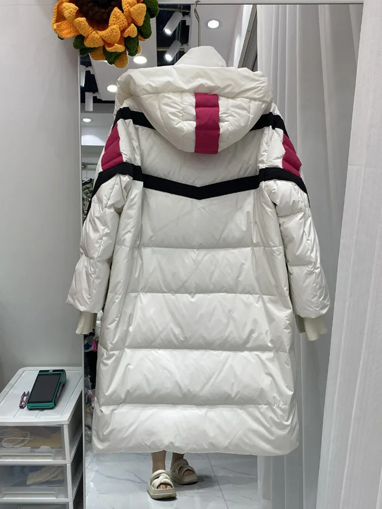 Down jacket winter women 2024 new fashionable color blocked knee length hooded white duck down jacket versatile and slim