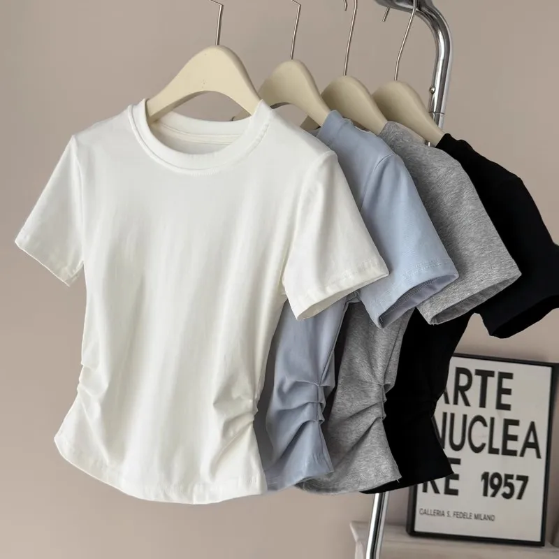 Women's Slim Fit ort Sve T-irt Summer New Sle Korean Version Pure Desire Waist Cinched Pleated Top GIMA Commute Sle