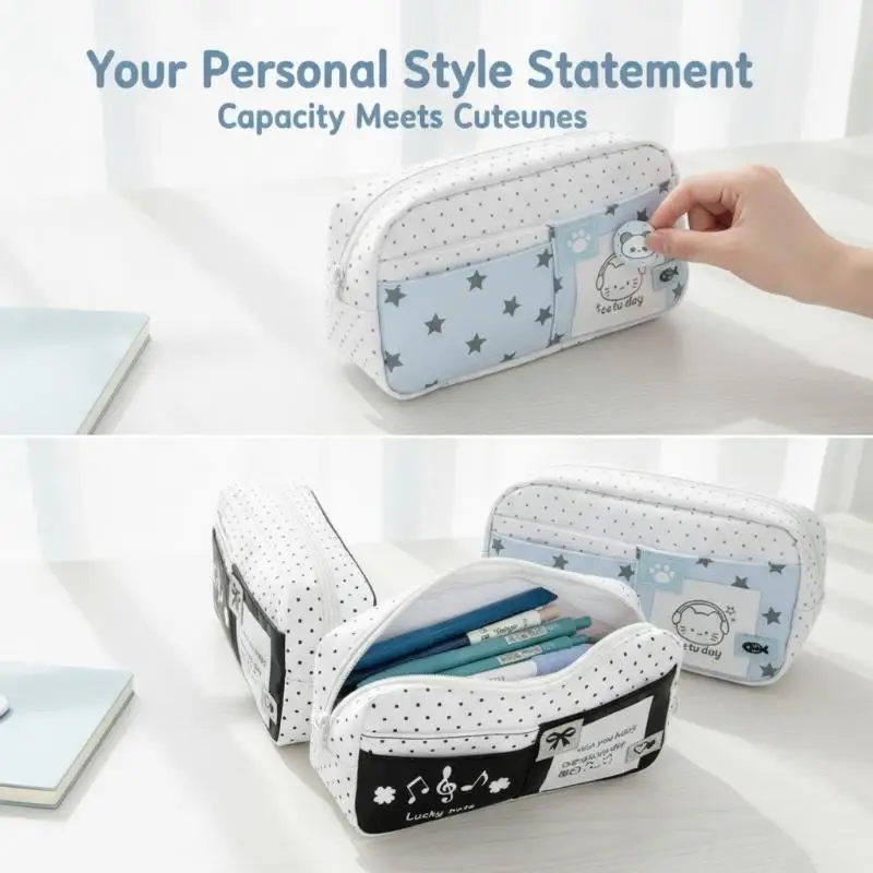 New Cute Cartoon Polka Dot Cat Pencil Case Large Capacity Multi Pocket For School Students Stationery Storage Bag