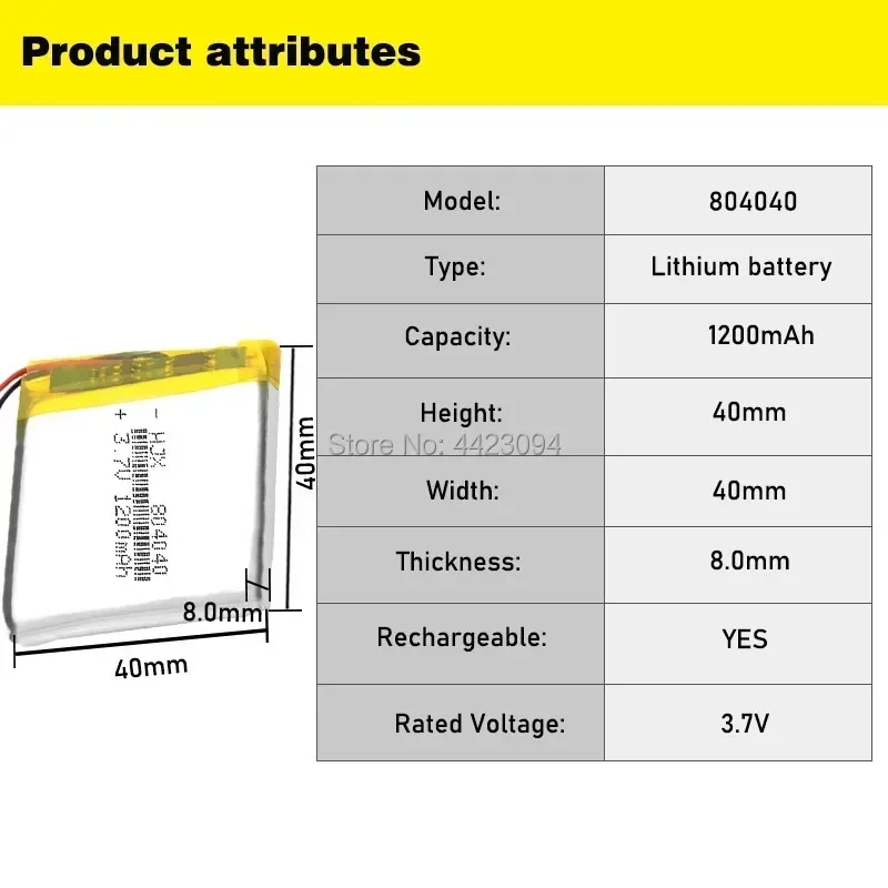 Rechargeable Li-ion Polymer Lithium Battery 3.7v Voltage 804040 1200mAh Li-Po Li-polymer Battery