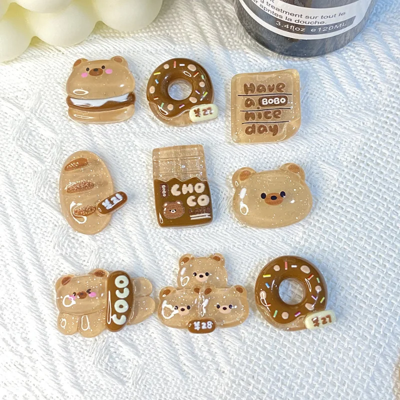 Transparent Glitter Cartoon Bear Bread Chocolate Flat Back Resin Cabochons Dollhouse Fake Food DIY Scrapbooking For Phone Decor