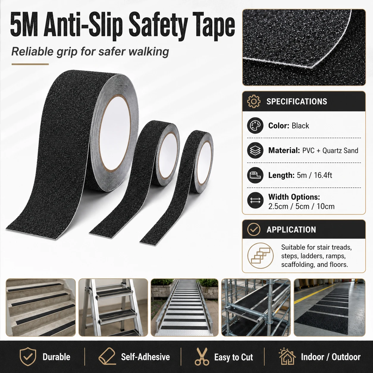 5M Anti Slip Safety Tape, 2.5/5/10cm Width Waterproof Non Skid Grip Tape for Stairs, Ramps, Floors, Outdoor & Indoor Use