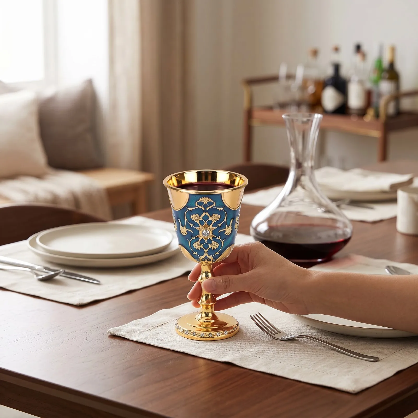 Vintage Medieval Goblet Blue Enamel Gold Plated Rhinestone Wine Cup Decorative Chalice for Party Home Bar Table Decor