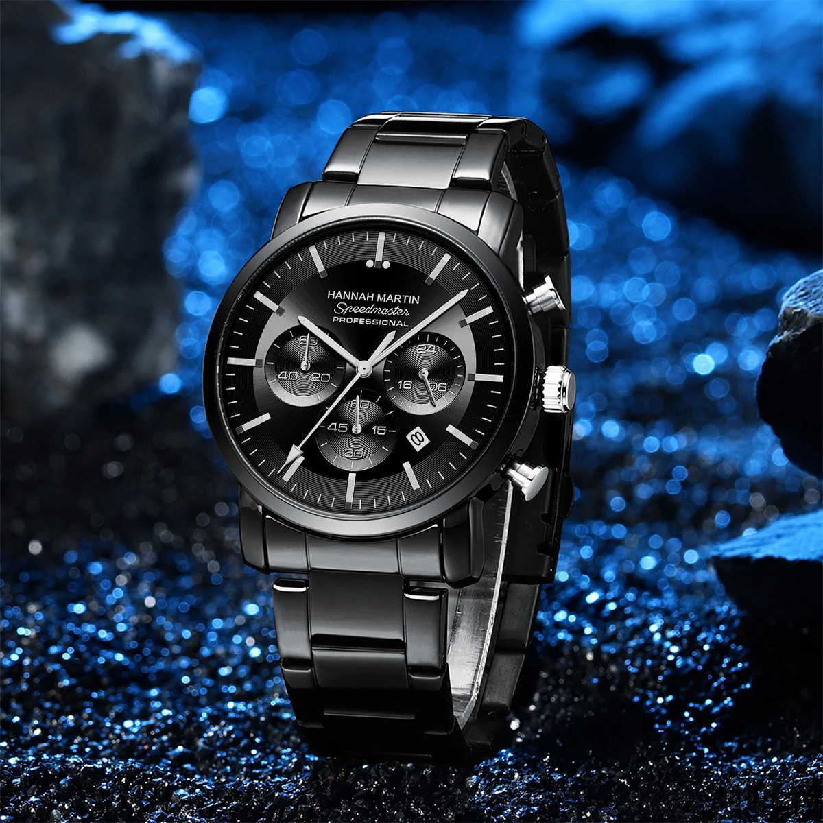 هانا مارتن العلامة التجارية الأعلى ساعة رجالية وعاء من الستانليس ستيل الأسود 46 مللي متر متعددة الوظائف توقيت الرياضة حركة كوارتز 3Bar ساعة مقاومة للماء