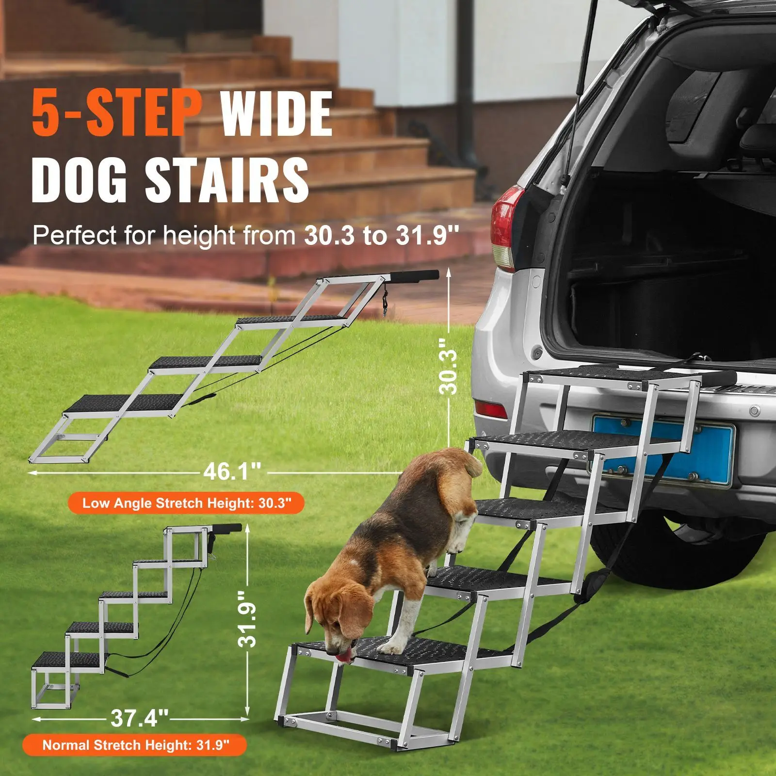 Dog Stair for Cars, Wide 5-step, Folding Ramp with Nonslip Surface, Portable Pet Lightweight Aluminum, SUV and Truck, Supports