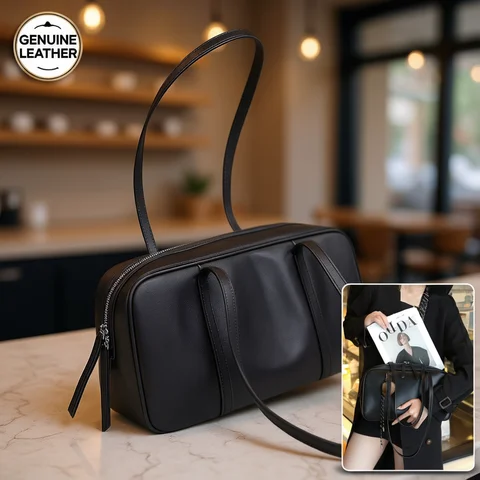 Women's Cow Genuine Leather Shoulder Bags Ladies Fashion Designer Luxury Handbags Female Retro Commute Boston Cowhide Handbag