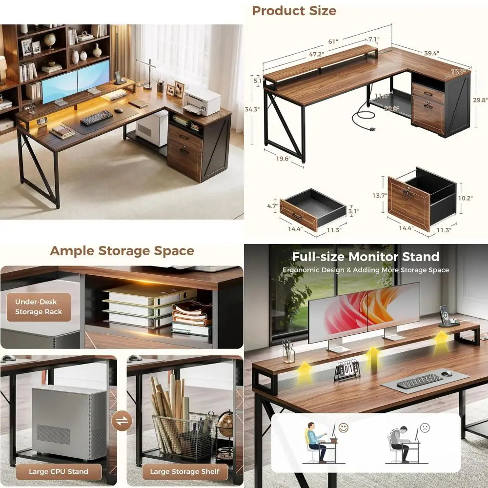 

Письменный стол L-образной формы Walnut 61 Executive с запирающимся шкафом для документов, розеткой и светодиодной подсветкой для хранения