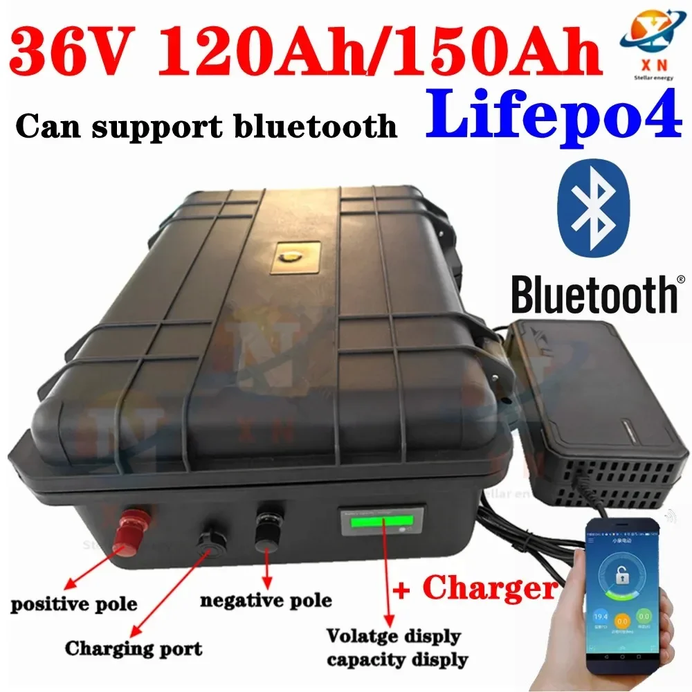 블루투스 BMS 앱 리튬 배터리, 36V 120Ah 150AH lifepo4, 4000W 고 카트 자전거 스쿠터 보트 골프 카트, 10A 충전기