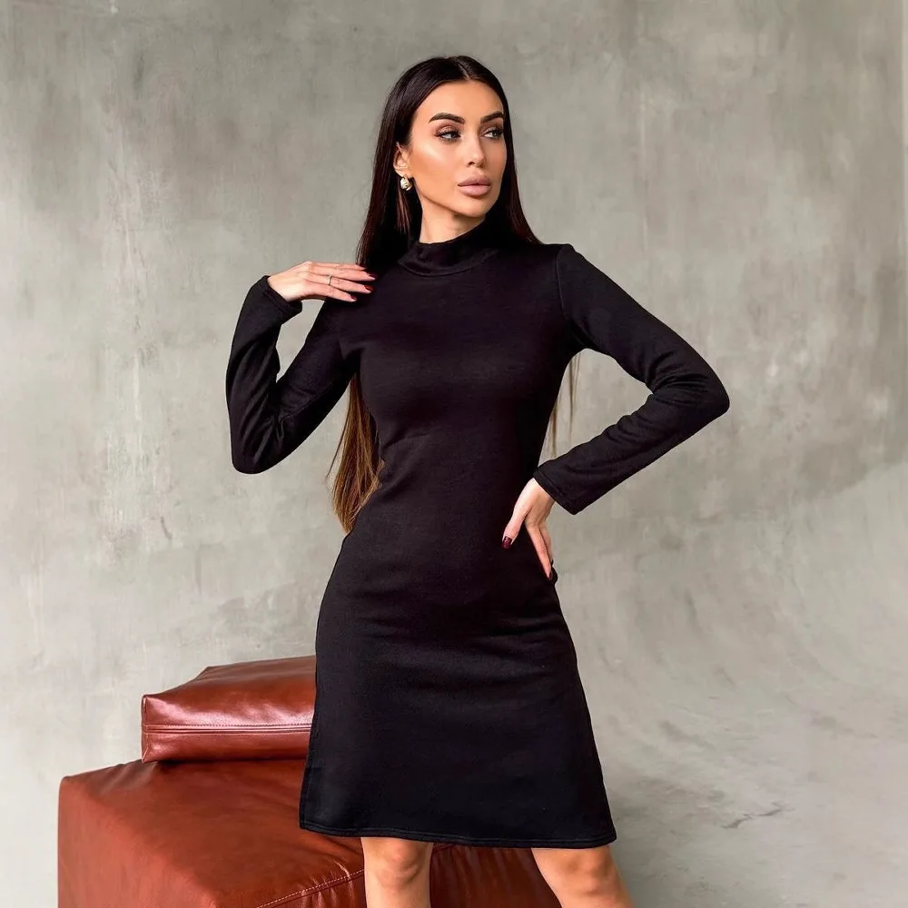 Europeu e americano sexy de alta qualidade vestido de cor sólida hepburn vento menina de gola alta de manga comprida magro saia longa vestido feminino