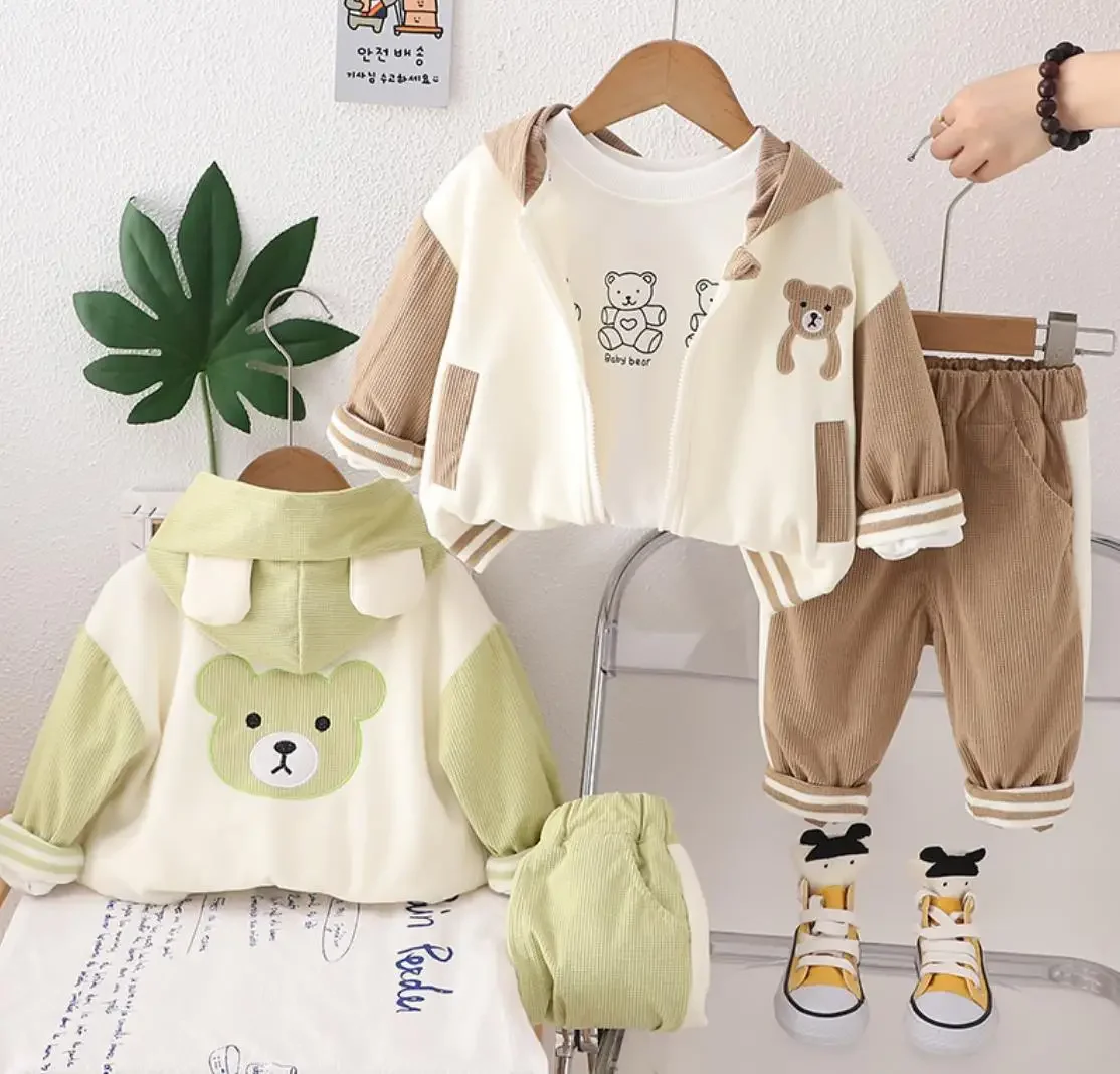 Toddler Outfits for Kids Baby Clothes 6 To 12 Monthes Patchwork Bear Hooded Jackets+White T-shirts+Pants 3Pcs Infant Boys Sets