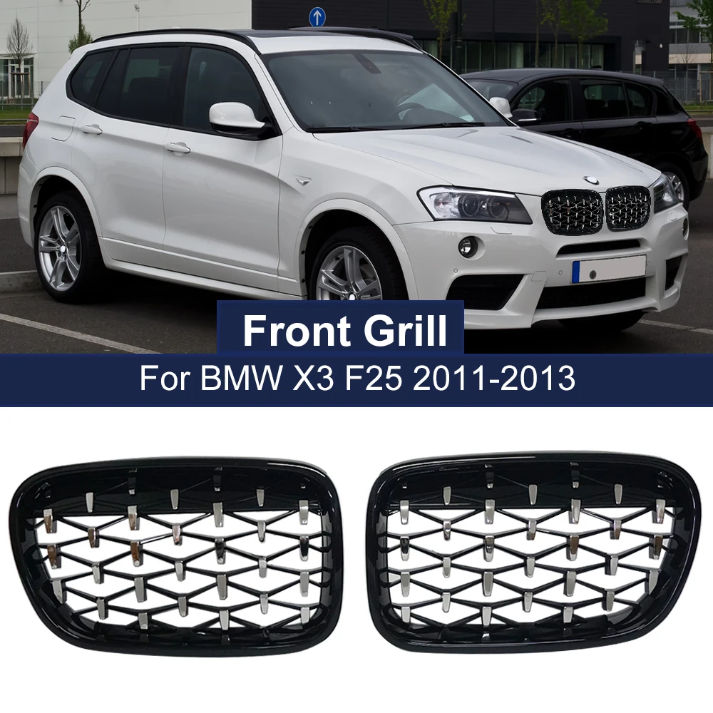 2PCS Car Front Kidney Grill Glossy Black Replacement For BMW X3 F25 2010 2011 2012 2013 Racing Grills Car Styling Accessories