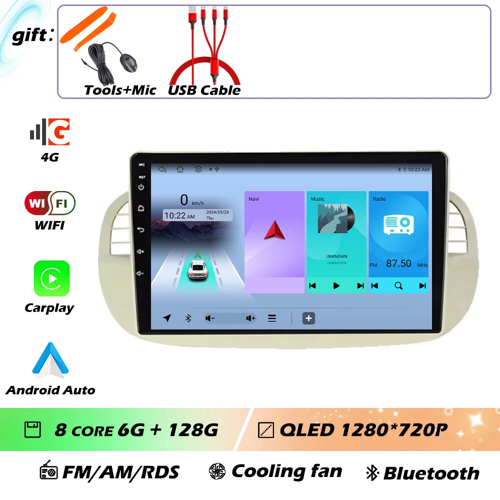 9 ''Android 16 Autoradio Stereo voor Fiat 500 2007-2015 met GPS Navigatie Stuurbediening Multimedia Carplay auto WIFI