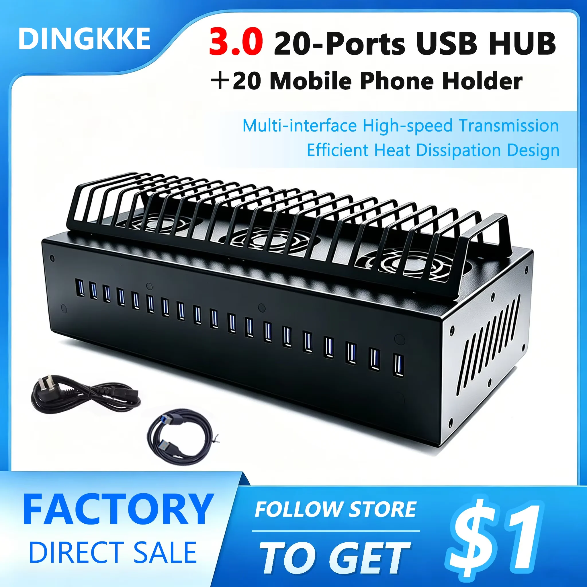 20 Ports USB 3.0 Phone Farm Hub Charging & Data Sync Station Android Multi-Device Batch Control & Unified Management Box