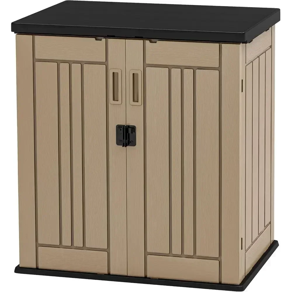 Weatherproof Horizontal Plastic Outdoor Storage Cabinet with 2 Shelves, Lockable Door, 15 cu. ft., Suitable for Patio, Garden, B