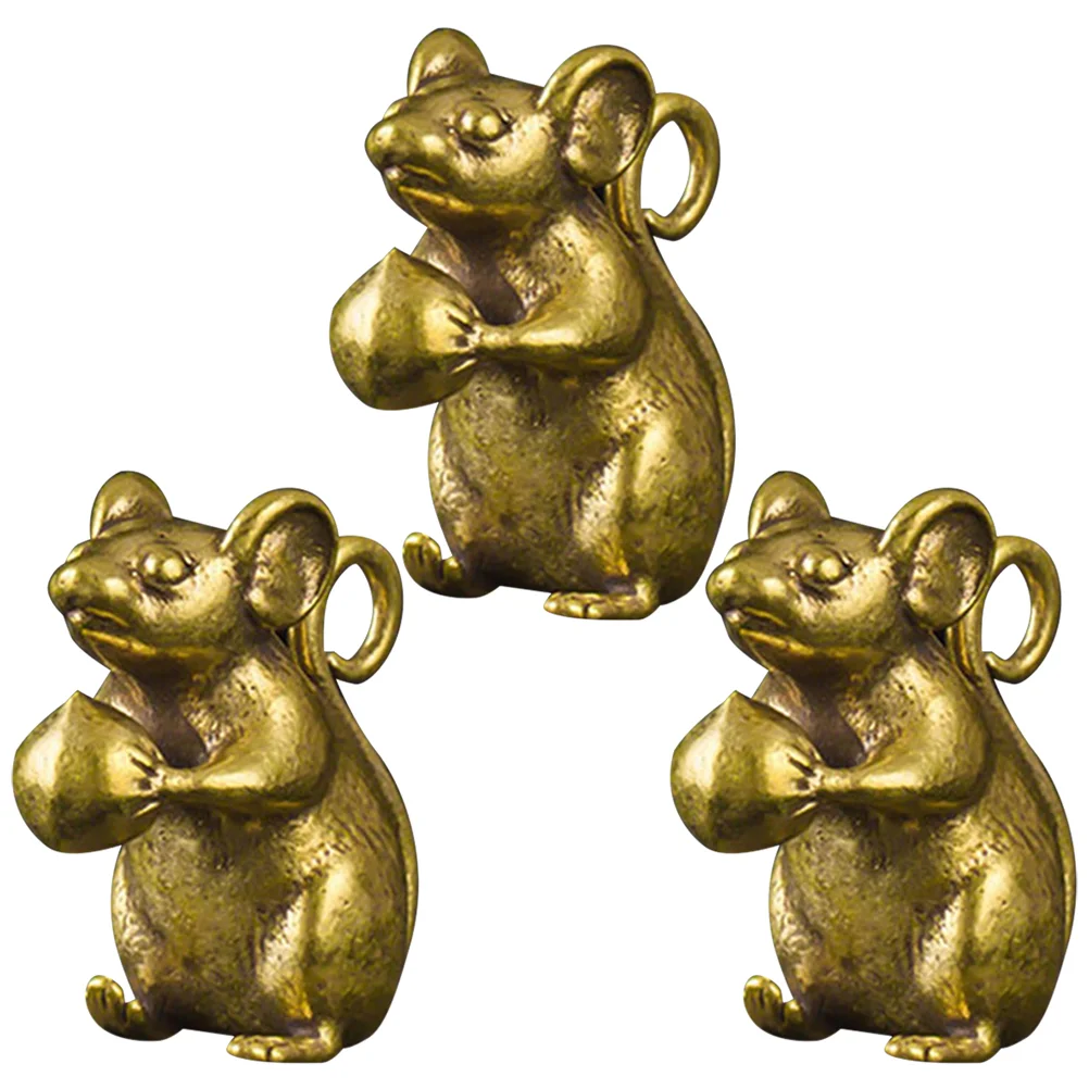 3 Pcs Brass Mouse Keychain Pendant Desktop Rat Chinese Feng Shui Decoration Rats Figurine Animal