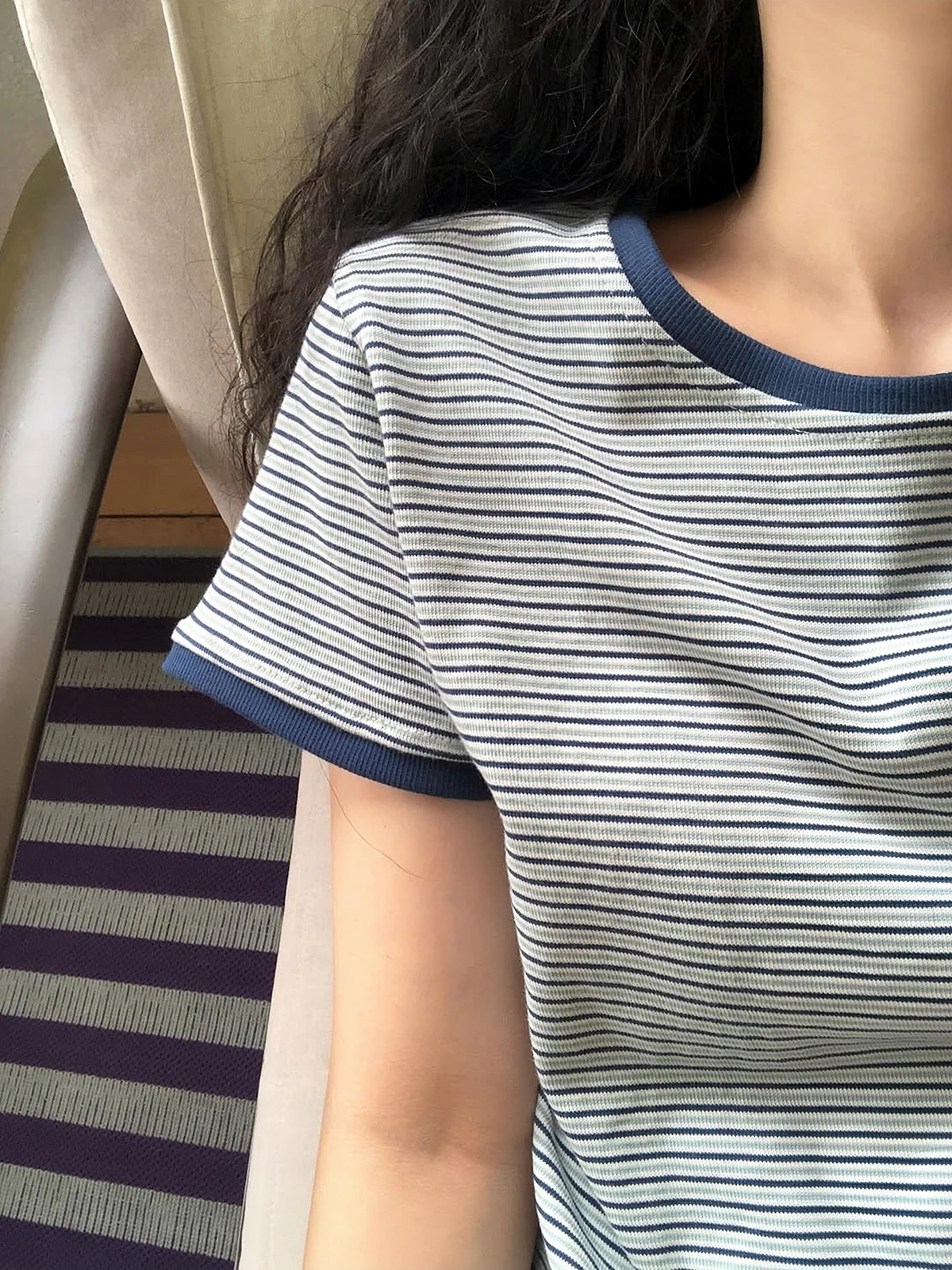Sakura Stripe Short Sleeve T-Shirt Women's Slim Fit Korean Style Summer Fashion Commute round Neck Casual Top