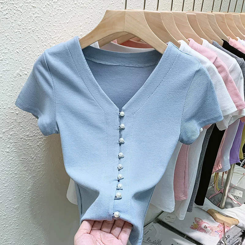 Summer T Shirts Women V-Neck Pearl Buttons Cropped Tshirt Tee Lady Solid Slim Cardigan Crop Top for Female