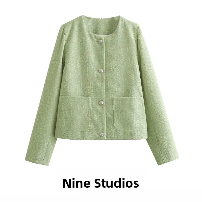 

NINE ZA Women's round Ne ort Texture Jaet Casual Coarse Weave Commute Sle Long Sve Single Button Closure Color