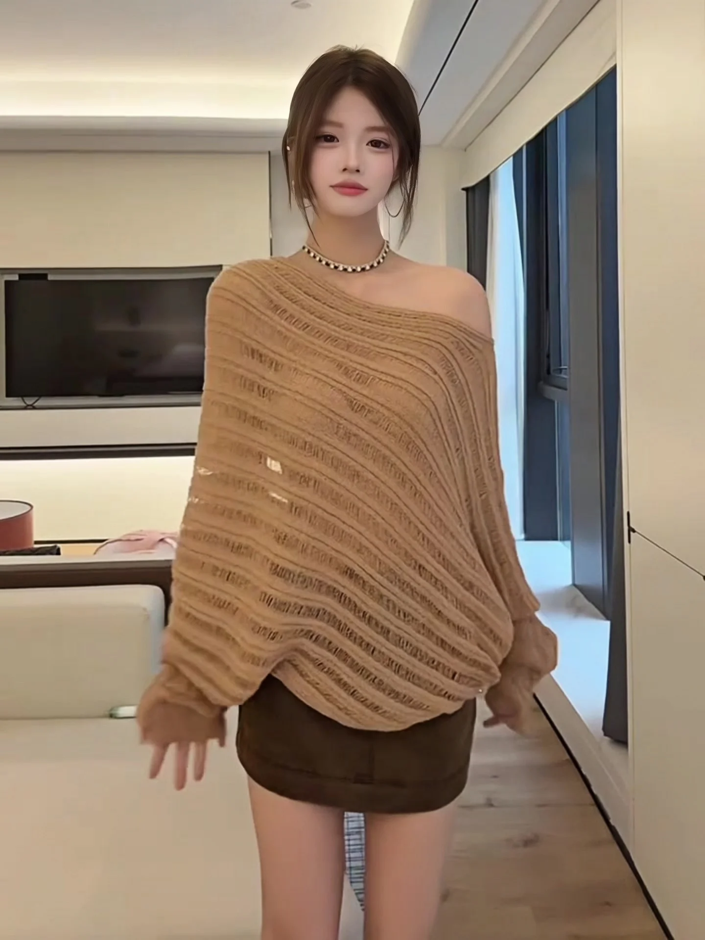 Solto longo sve feminino de malha oco para fora slouchy oulder topo coreano sle outono faion casual tecido macio redondo ne