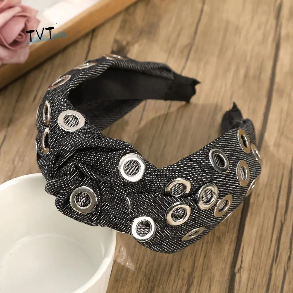 

Hair Accessories Y2K Denim Headband Wide Personalized Punk Hairband Metal Rock Hollowed Out Eyelets Headband Party