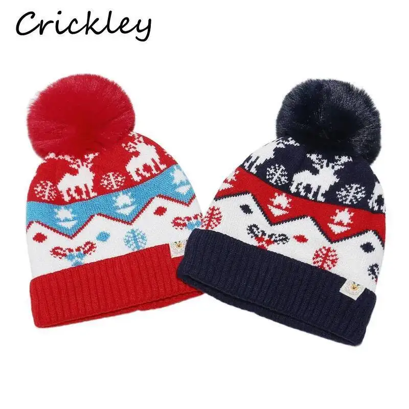 

Christmas Pompom Children Hats Autumn Winter Cartoon Jacquard Knitted Boys Girls Cap Fleece Warm Soft Kids Hats