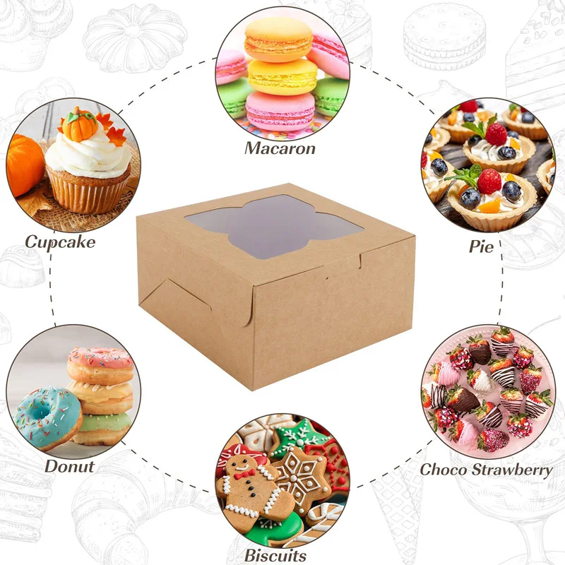 500Pcs Kraft Paper Square Gift Boxes with Clear PVC Window Present Packaging Box Wedding Birthday Party Favors Cake Packaging