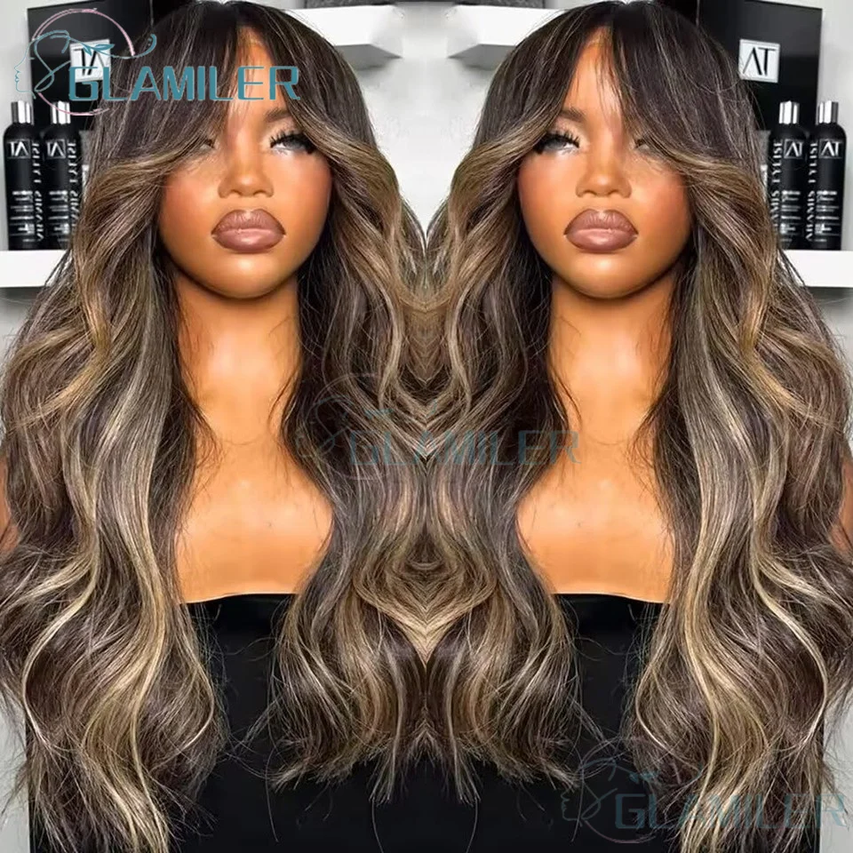 

Long Glueless #4/27 Brown Blonde Human Hair 5x5 Silk Top Closure Wigs Natural Wavy Pre Plucked Highlight 13x6/360 Lace Front Wig