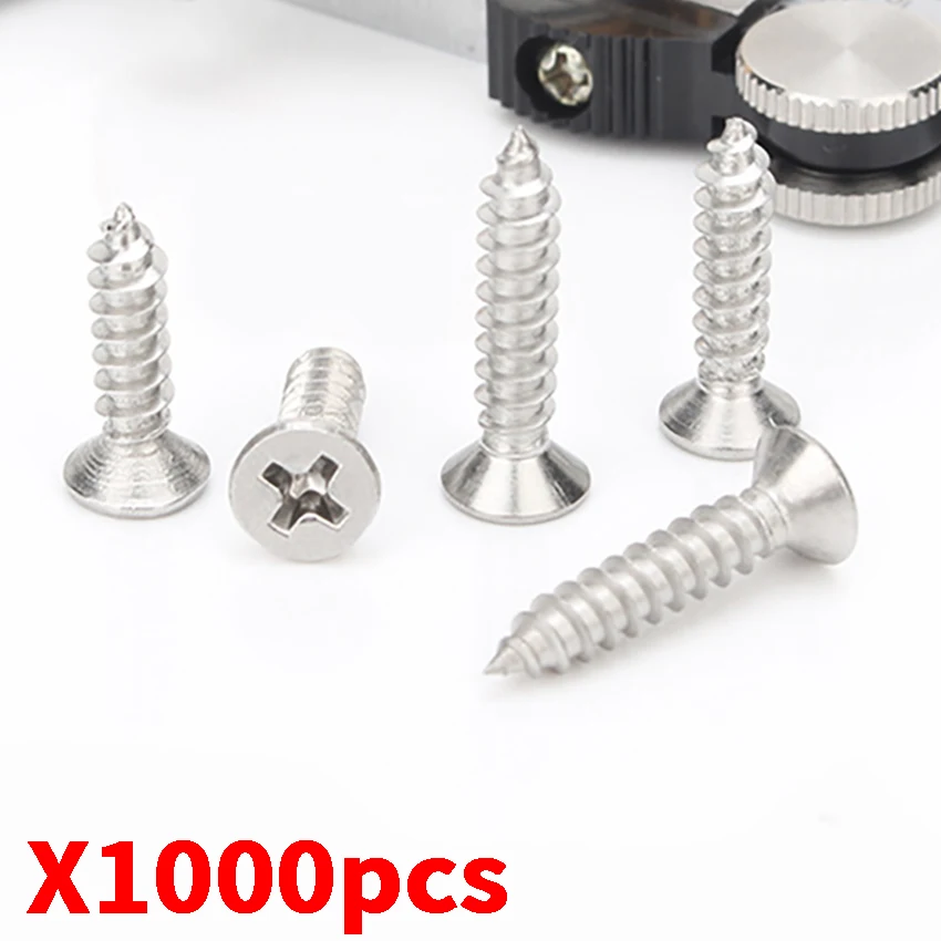1000pcs M2 304 Stainless Steel Cross Recessed Countersunk Head Security Self-tapping Wood Screw