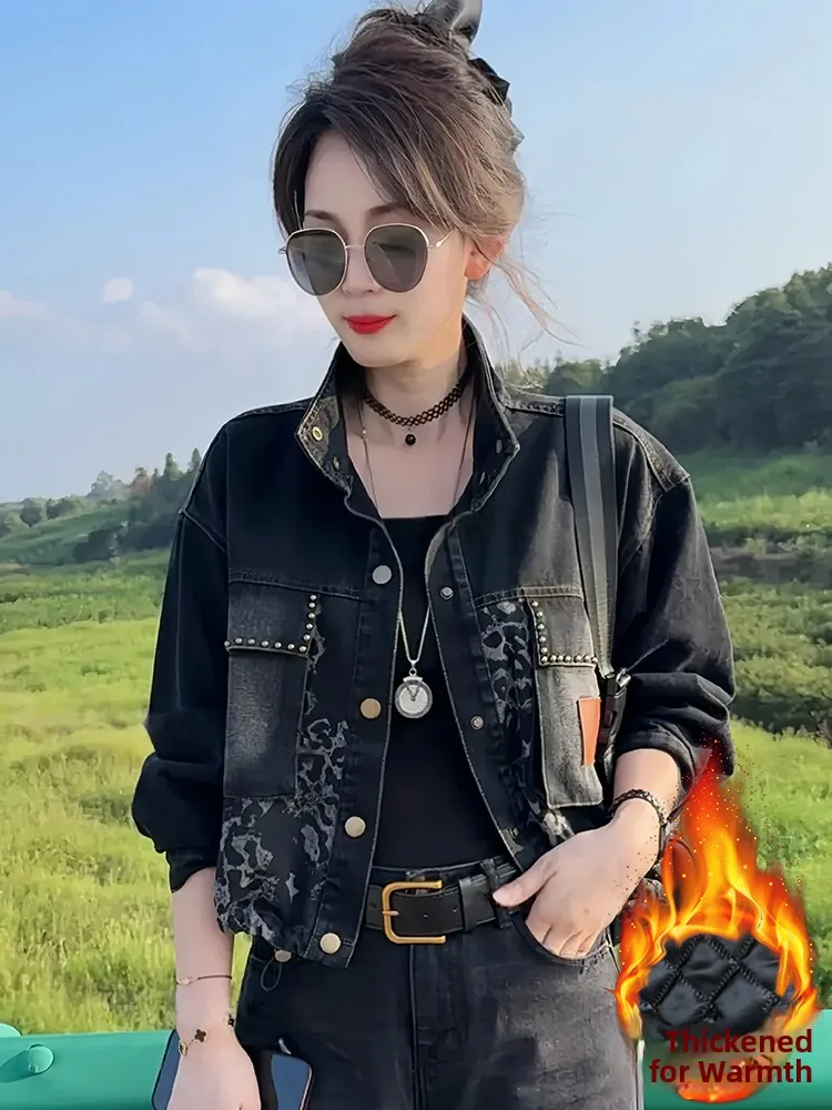 

Зимняя джинсовая куртка из хлопка с леопардовым принтом в стиле пэчворк, женский теплый топ, повседневное свободное длинное пальто на пуговицах све