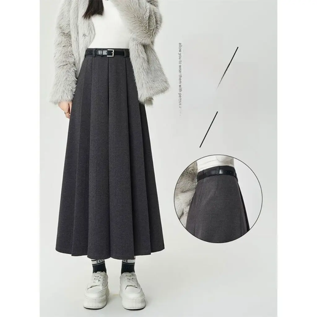 

Grey Woolen Skirt for Women High Waist A-Shaped Mid-Length Pleated College Style Autumn Winter Thick Large Umbrella Skirt