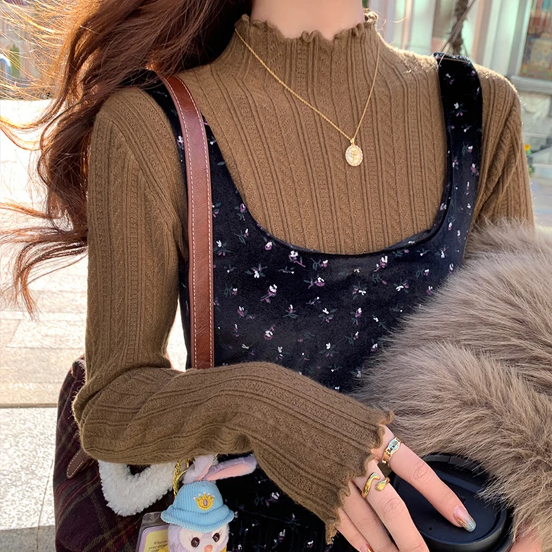 Y2k Office Women Sweaters Pullovers Korean Half High Collar Female Casual Tops Autumn Knitted All Match Long Sleeve Ladies Tops