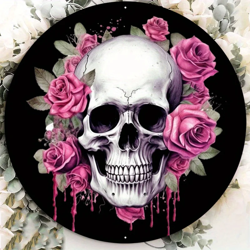 

Aluminum Metal Sign Skull Roses Halloween Sign, Wreath Sign, Wall Art Home Decor Decorative Wall Poster 8x8in/11.8x11.8in 1pc