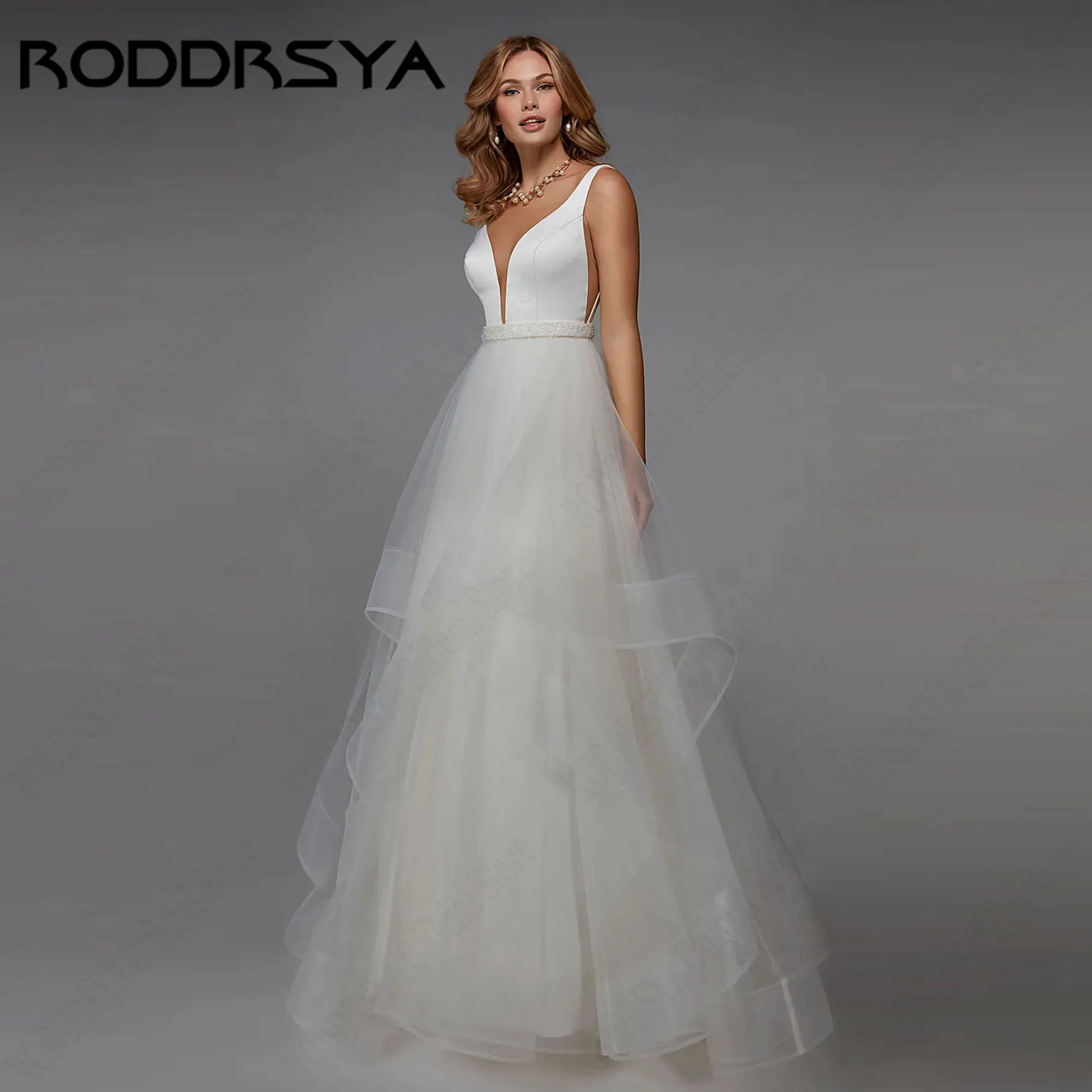 RODDRSYA Tiered Ruffle Tulle A-Line Wedding Dress V-Neck Sleeveless Beaded Minimalism Bride Gown Floor Length vestido Customized