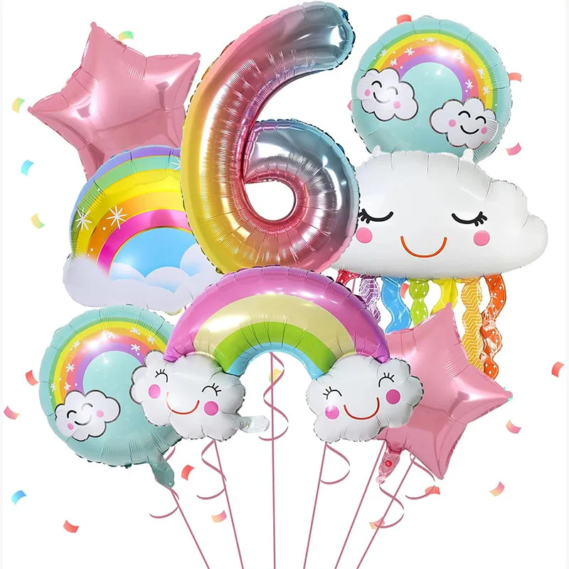 10 Pcs Rainbow Cloud Balloons Set 32inch Digit 1-9 Years Old Kids Birthday Party Decorations Baby Shower Wedding Foil Balloons