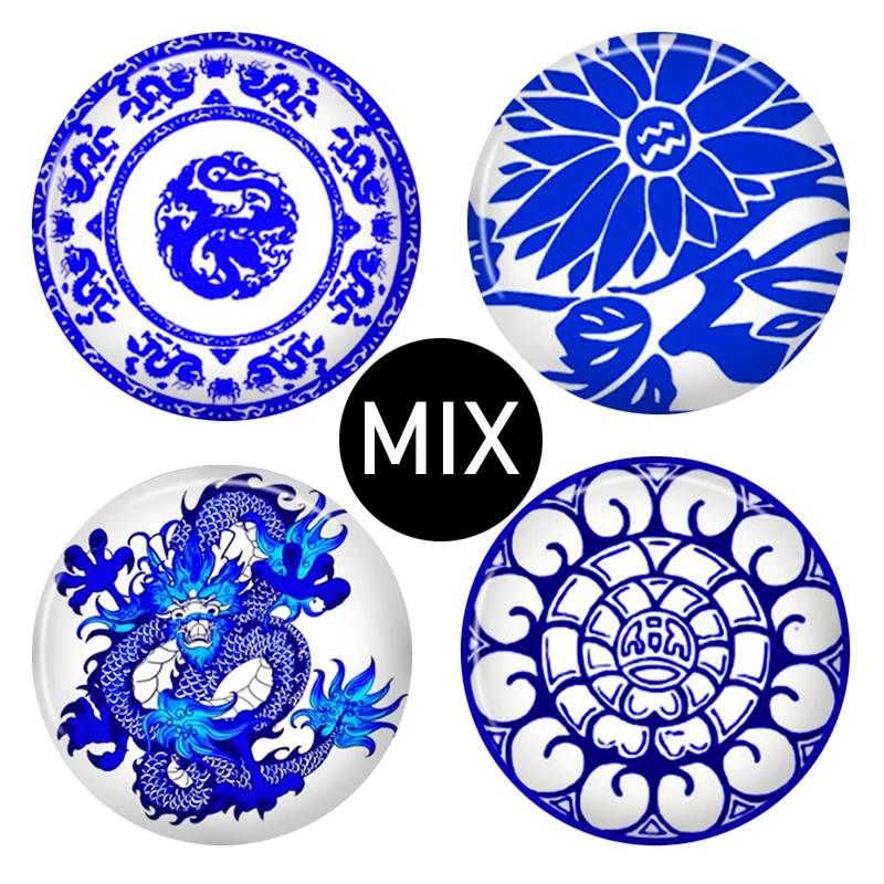 8-40mm Photo Glass Cabochon Pattern Round Glass Cabochons Colorful Beautiful Cameo  Blue and white porcelain HO01