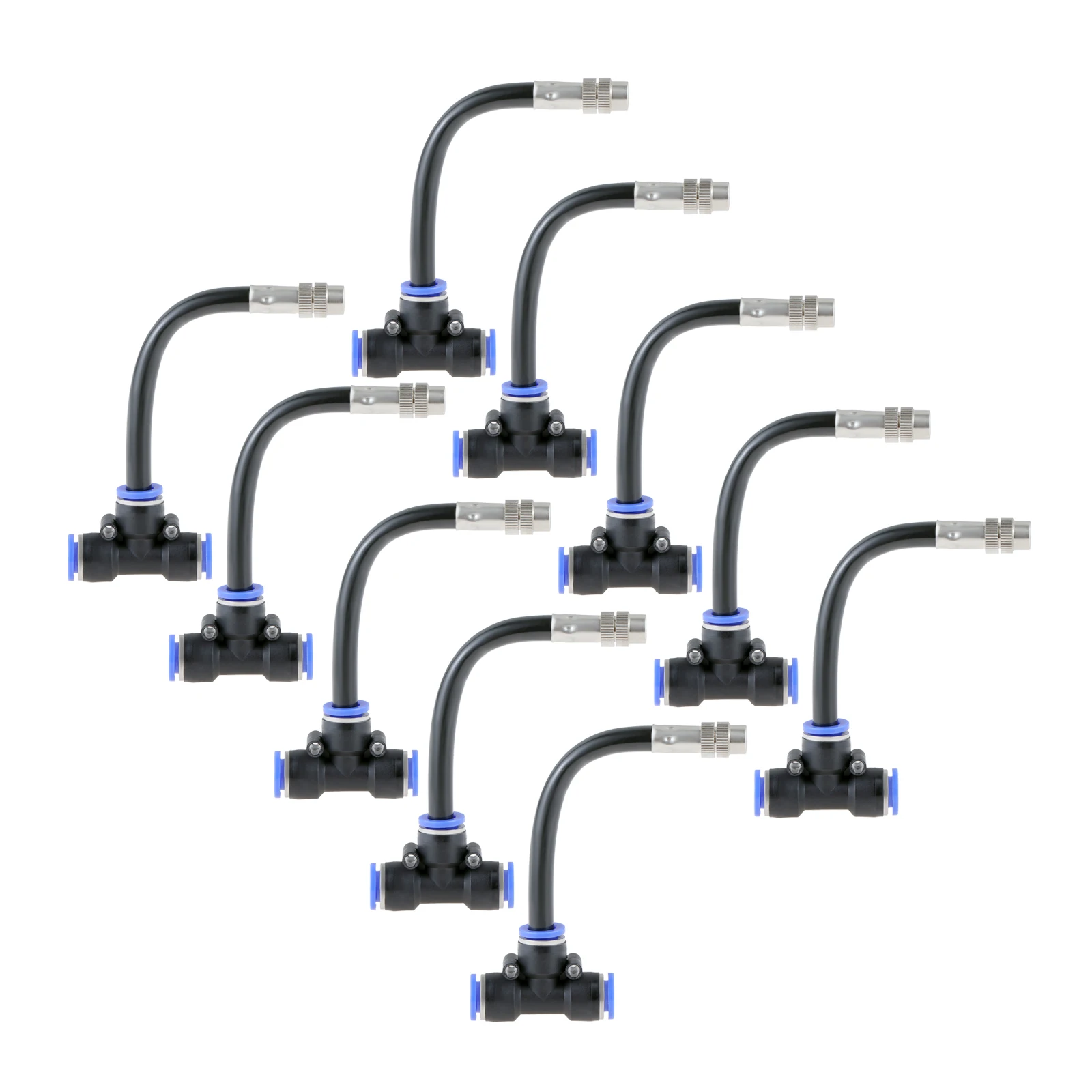 10 Stück Messing-Nebeldüsen-T-Stück mit 4-Zoll-Schlauch für Außenkühlsystem 360 ° Rotation Water Mister Düse Gewindesprüher 1,1 mm