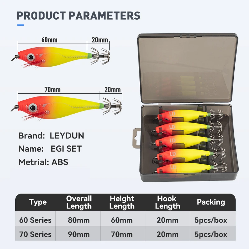 LEYDUN Luminous Horizontal Squid Jig Wood Shrimp Squid Hook 5pcs Fishing Lures LEYDUN Octopus Cuttlefish Shrimp Saltwater Baits 썸네일 2