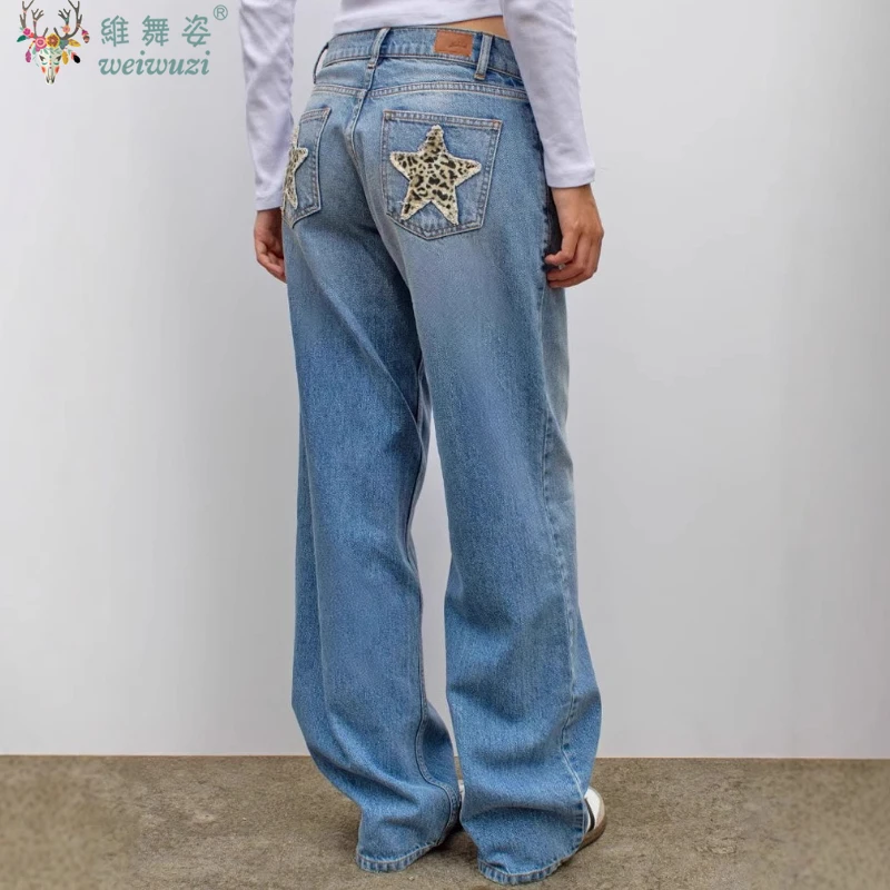 Amerykańskie damskie jeansy retro w panterkę z naszywkami w gwiazdy, proste spodnie dżinsowe, codzienne niebieskie spodnie z szerokimi nogawkami, jesienne spodnie w stylu Y2k.