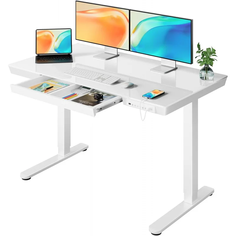 Standing Desk with Drawer Glass Top One Piece 48x24 inch Height Adjustable Electric Charging Ports