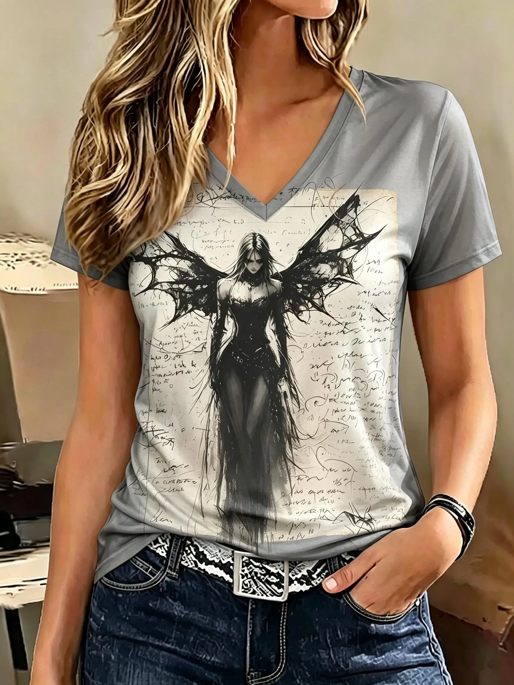 Women V‑Neck Short Sleeve T‑Shirt Gothic Dark Angel Raven Vintage Manuscript Print Casual Tee