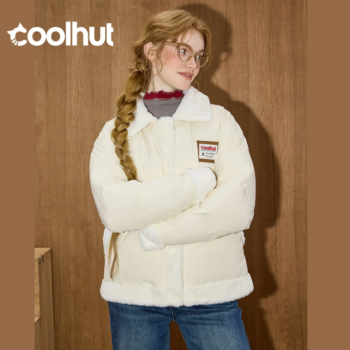 COOLHUT 2025 Winter Women's 90% Down Lapel Parka Faux Shearling Accent Puffer Relaxed Quilted Jacket Plush Thermal Lining