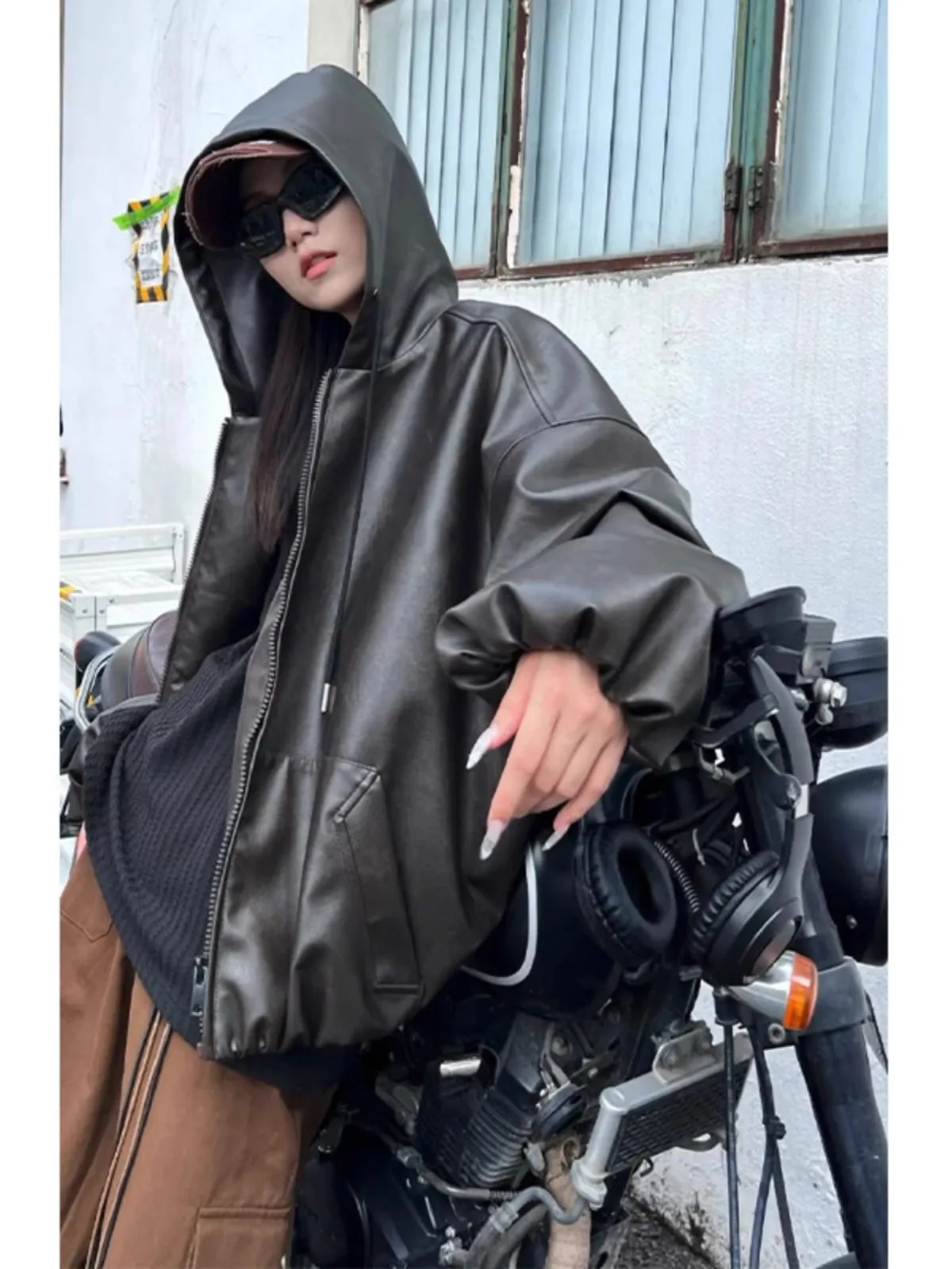 American Style Retro Biker Jacket Men's Women's Spring Autumn PU Leather Hooded Coat High End Feelings Fashion Brand Sweatshi...