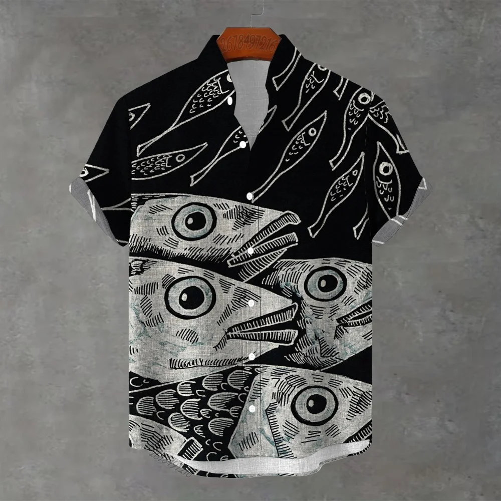 New men's black and white sketch fish print all-over print stand collar short-sleeved shirt, loose fit, versatile casual shirt
