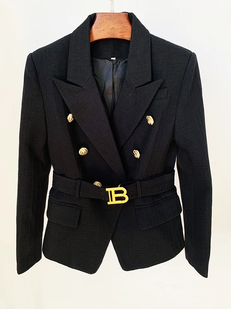 HIGH QUALITY New Fashion 2024 Designer Jacket Women's Slim Fitting Double Breasted Lion Buttons Monogram Jacquard Belted Blazer