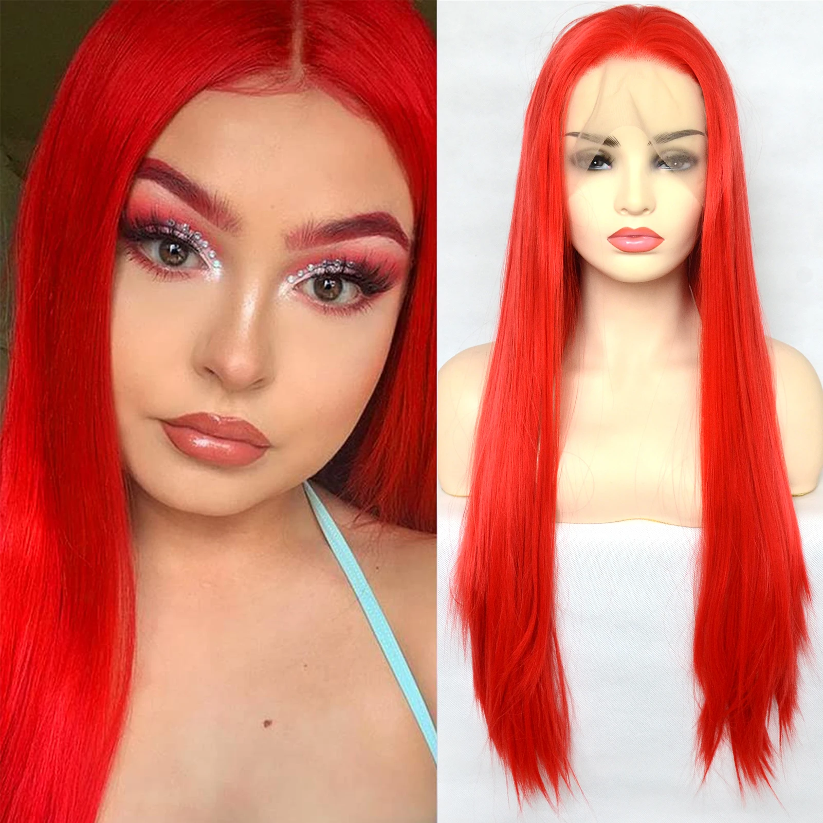 Voguebeauty Bright Red Long Straight Lace Front Wig Synthetic Heat Resistant Fiber Hair Replacement Wigs Cosplay for Women