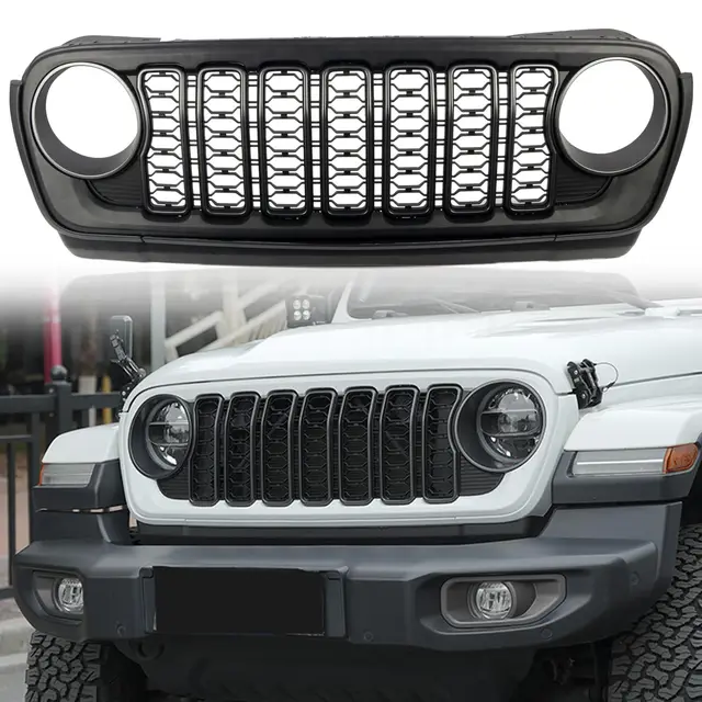 Osłona przedniego grilla dla Jeep Wrangler JL 2018-2024 Gladiator ABS Blackout bez otworu na kamerę