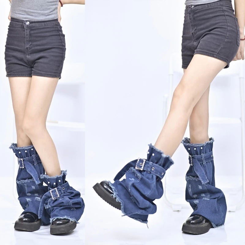 Harajuku Demim Leg Covers with Strap Pocket Punk Jeans Leg Warmer Flared Socks