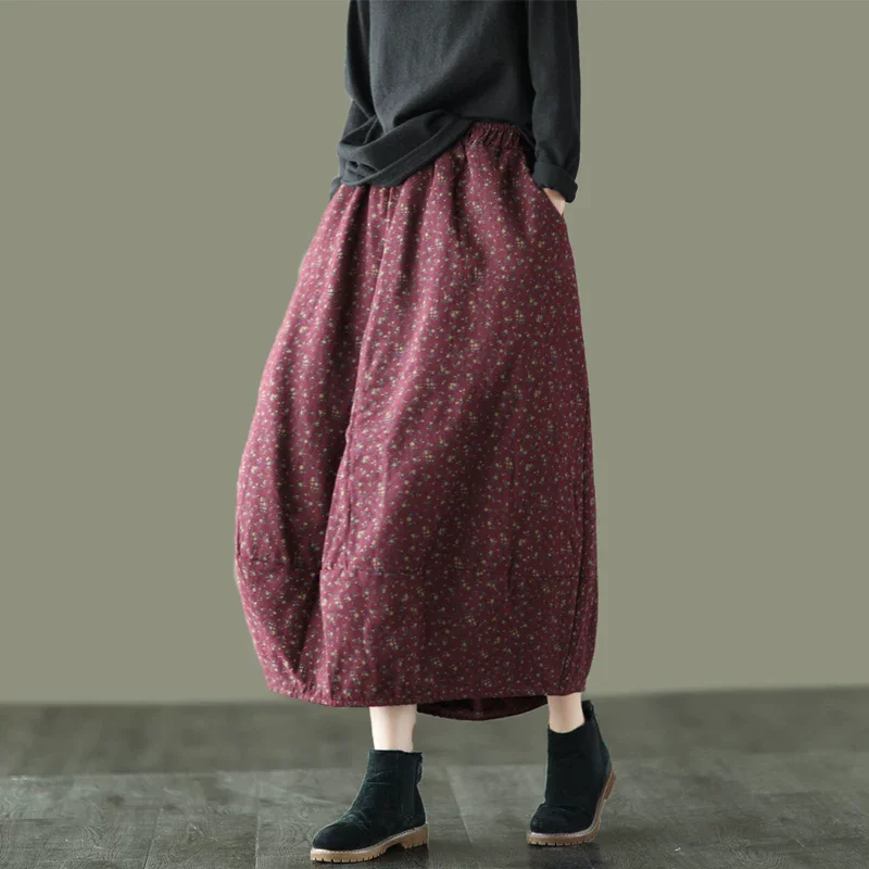 plus Size Women's Cotton Skirt Autumn Winter Retro Floral Elastic Waist Thick Artistic Flower Bud Skirt J1815